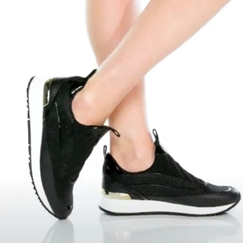 MICHAEL KORS ALLIE STRIDE SLIP ON GLITTER CHAIN MESH BLACK SNICKERS